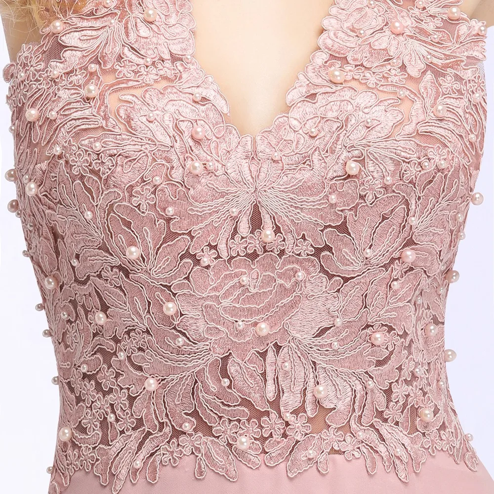 2019 Rožinės spalvos Šifono Ilgai Undinė Bridesmaid Dresses V Kaklo, Rankovių Aplikacijos Vestuves Suknelė vestido madrinha