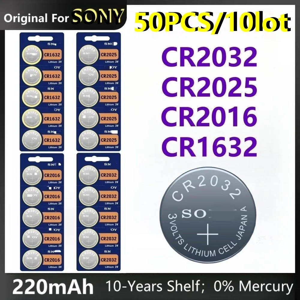 50pcs Originalus SONY CR2032 CR2025 CR2016 Baterija DL2025 BR2025 Automobilį Nuotolinio Valdymo Žiūrėti Plokštė Masto Mygtuką Monetos Ląstelių