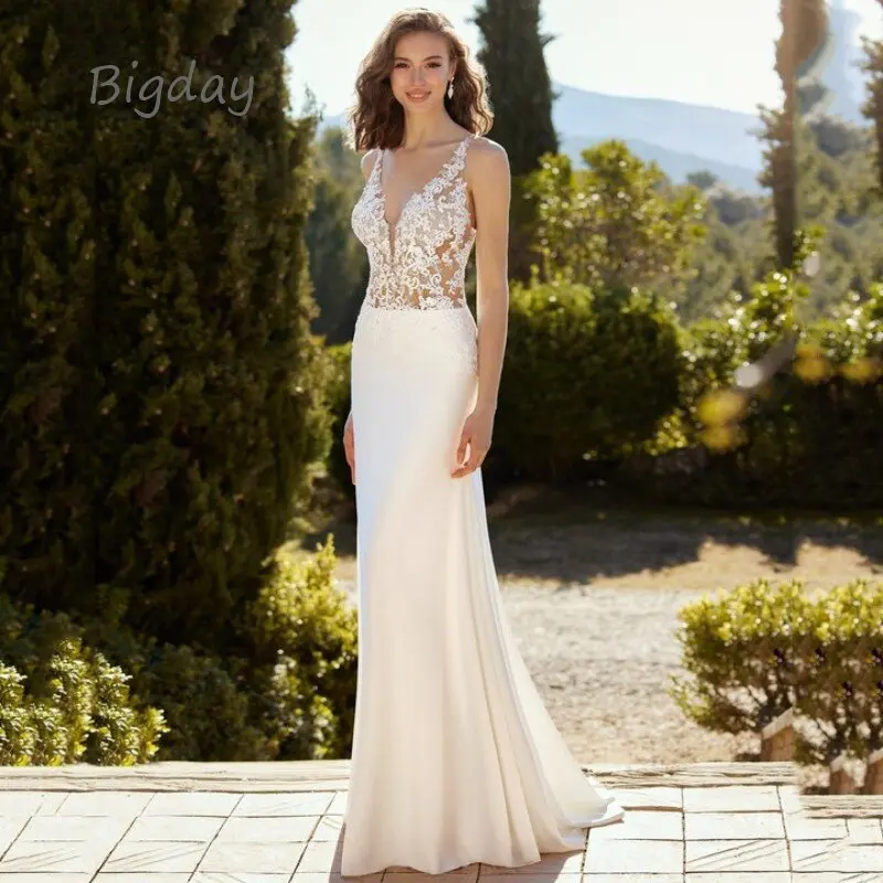 Elegantiškas V-Kaklo Undinė Vestuvių Suknelė Moterims 2023 Atvira Nugara Nėrinių Aplikacijos Minkšto Satino Spageti Dirželis Nuotakos Suknelė Vestidos De Novia