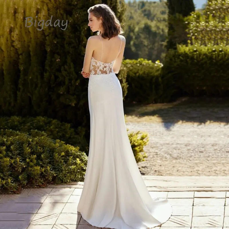 Elegantiškas V-Kaklo Undinė Vestuvių Suknelė Moterims 2023 Atvira Nugara Nėrinių Aplikacijos Minkšto Satino Spageti Dirželis Nuotakos Suknelė Vestidos De Novia