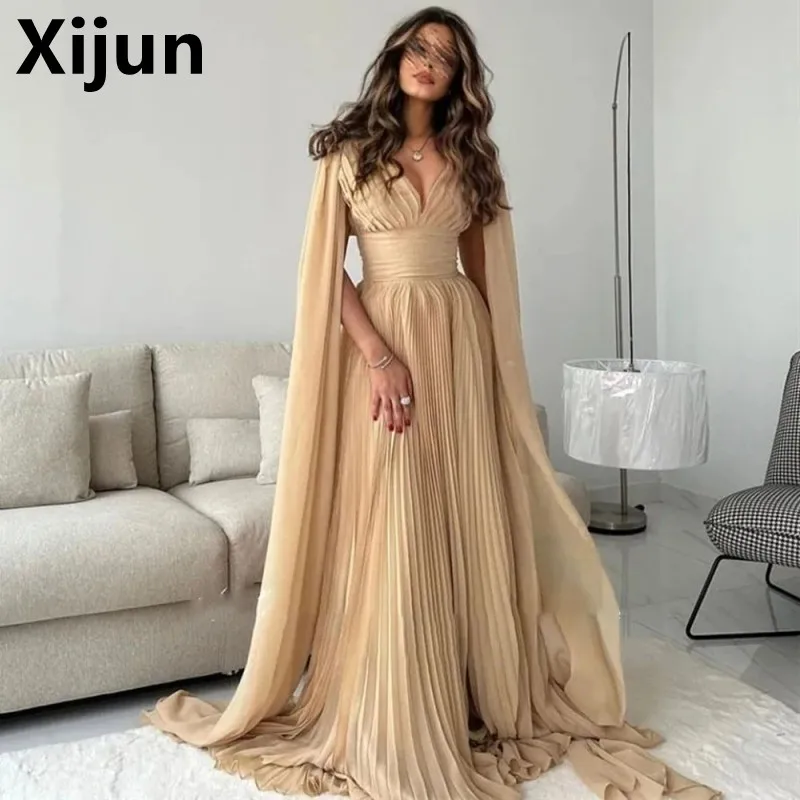 Xijun Saudo Arabų Šampano Vakaro Suknelės Ilgai Žaliojo Rankovėmis Moterims Oficialią Šalies Proga Suknelės Klostes Šifono Prom Dress